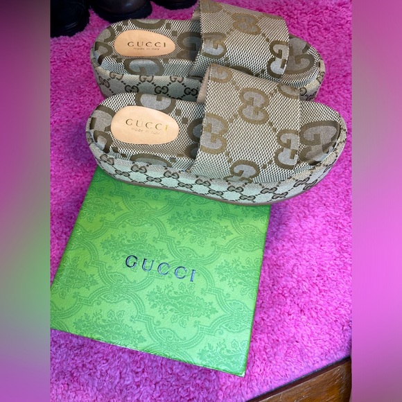 Gucci Shoes - Gucci Angelina Neutral GG Platform Slides Sandals Size 37 Shoes